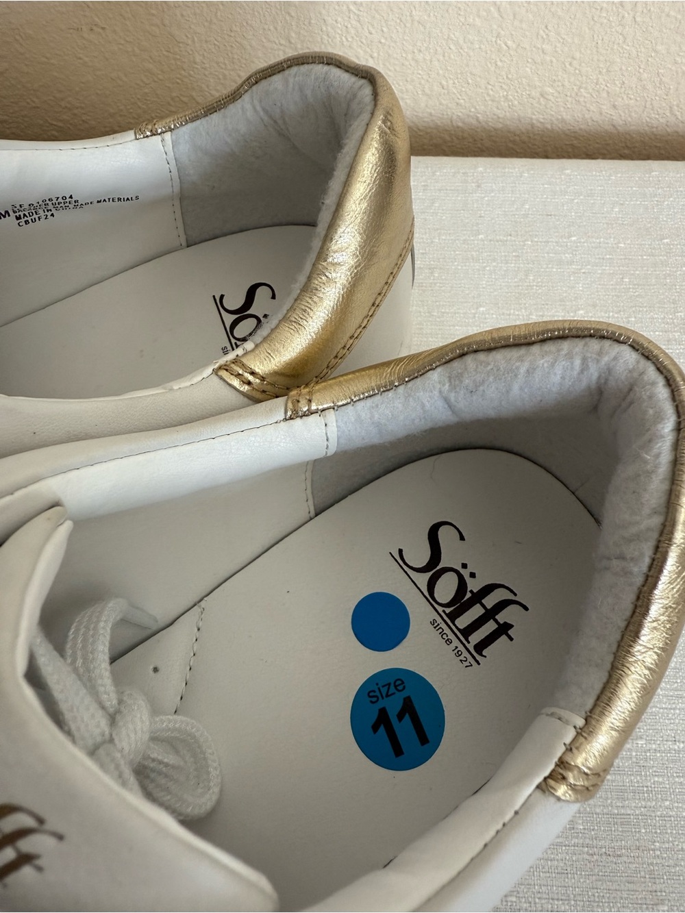 New Sofft White Leather Sneakers with Gray Toe and Gold Heel Accent - Picture 10 of 12